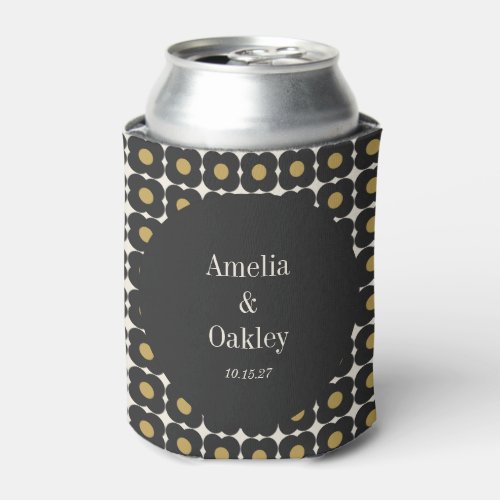 Mid Century Bold Black Gold Floral Wedding Custom Can Cooler