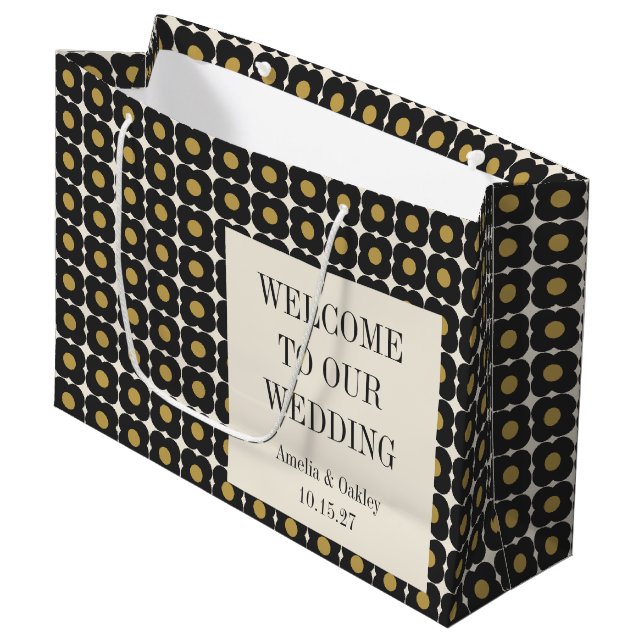 Mid Century Bold Black Gold Floral Wedding Welcome Large Gift Bag (Front Angled)