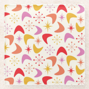 Mid Century Boomerang with Colorful  Atomic Stars  Glass Coaster