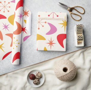 Mid Century Boomerang with Colorful Atomic Stars Wrapping Paper