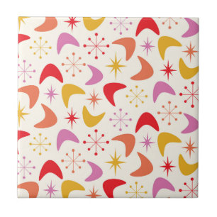 Mid Century Boomerang with Colorful Starbursts Ceramic Tile