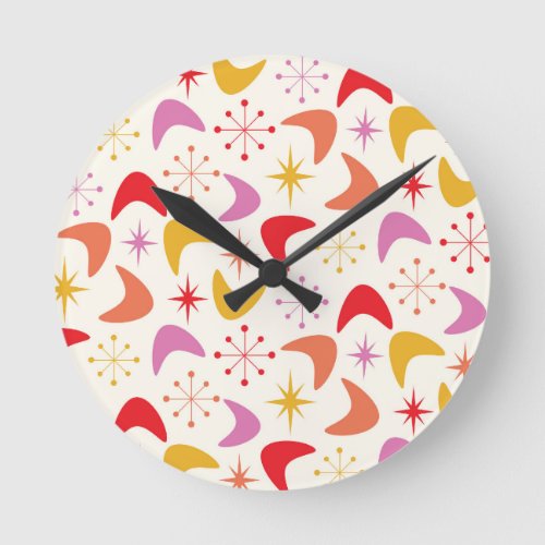 Mid Century Boomerang with Colorful  Starbursts  Round Clock