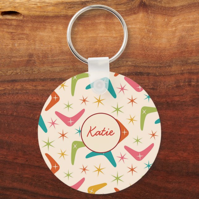 Mid Century Boomerang with Retro starbursts Name  Keychain (Front)