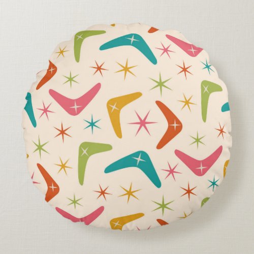 Mid Century Boomerang with Retro starbursts  Round Pillow