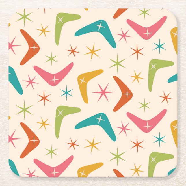 Mid Century Boomerang with Retro starbursts  Square Paper Coaster (Front)