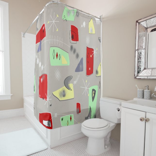 Mid-Century Boomerangs and Abstracts Shower Curtain (In Situ)