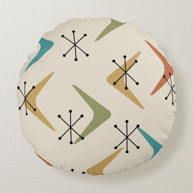 Mid Century Boomerangs Starbursts Multicolored Round Pillow (Front)