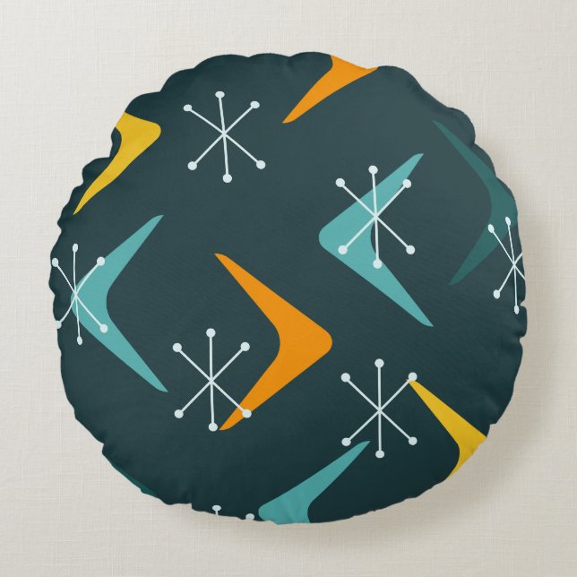 Mid Century Boomerangs Starbursts Teal Round Pillow (Front)