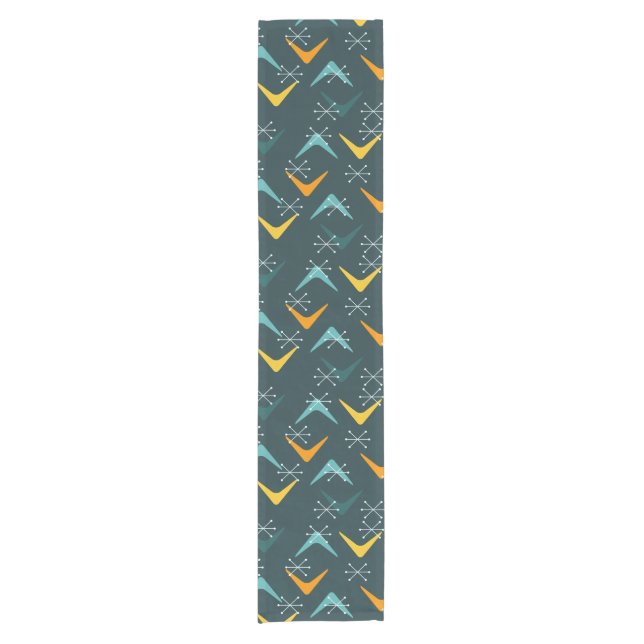 Mid Century Boomerangs Starbursts Teal Short Table Runner (Front)