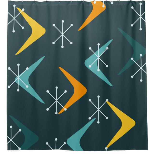 Mid Century Boomerangs Starbursts Teal Shower Curtain (Front)