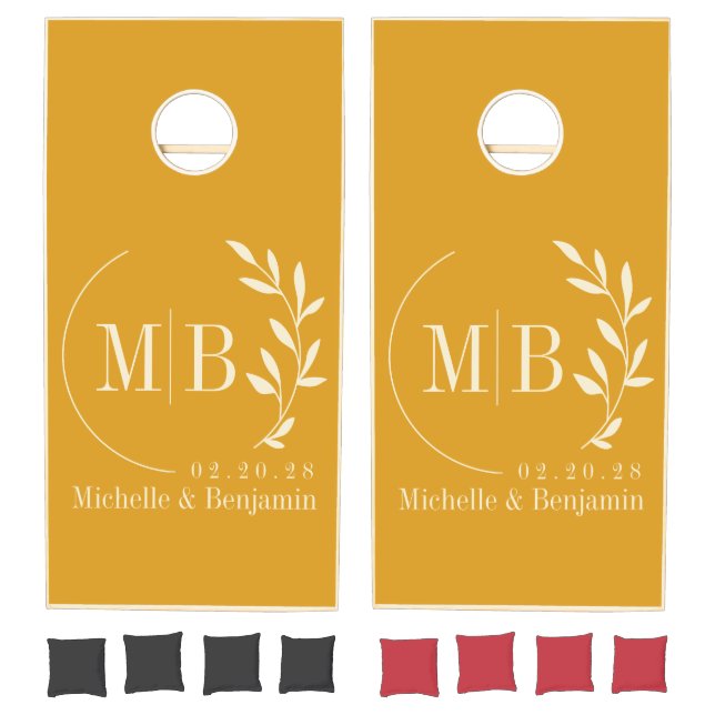 Mid-Century Burnt Buttercup Leaf Wedding Monogram Cornhole Set (Set)