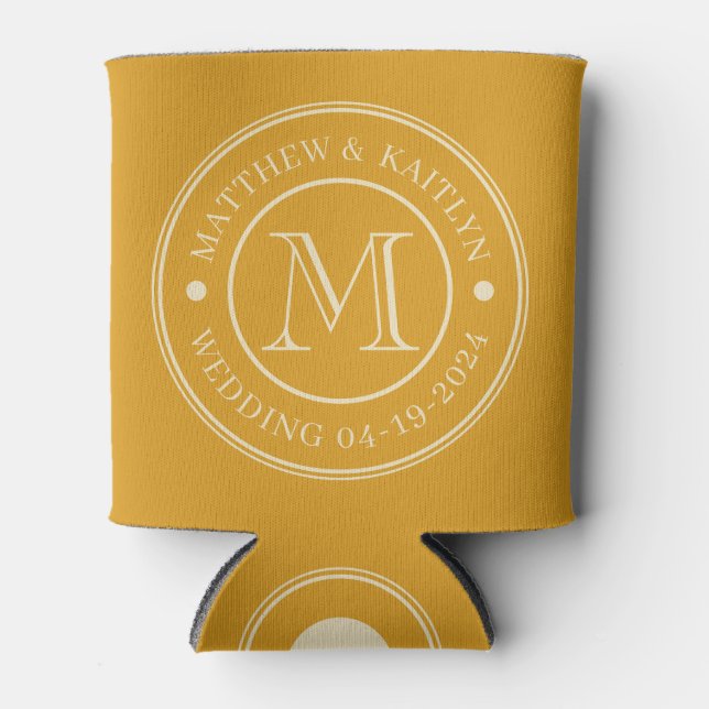 Mid-Century Burnt Buttercup  Wedding Monogram Can Cooler (Front)