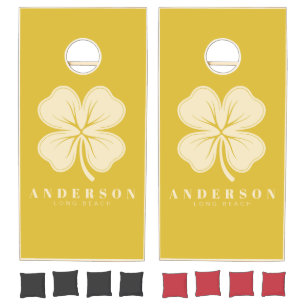 Mid-Century Burnt Lemon Four Leaf Clover with Name Cornhole Set
