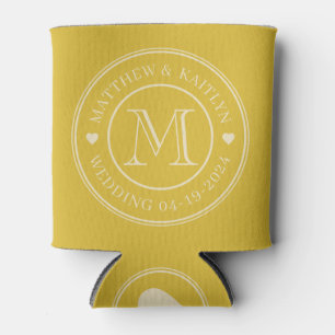Mid-Century Burnt Lemon Wedding Monogram Heart Can Cooler