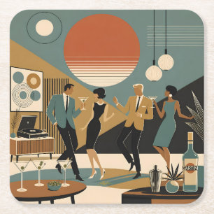 Mid Century California Vibes Martini Dance Party Square Paper Coaster