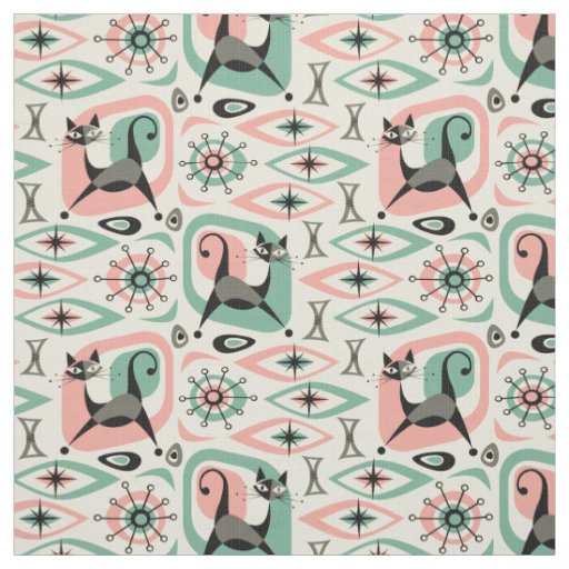 Mid Century Cat Abstract -Pink Turq  ©studioxtine Fabric