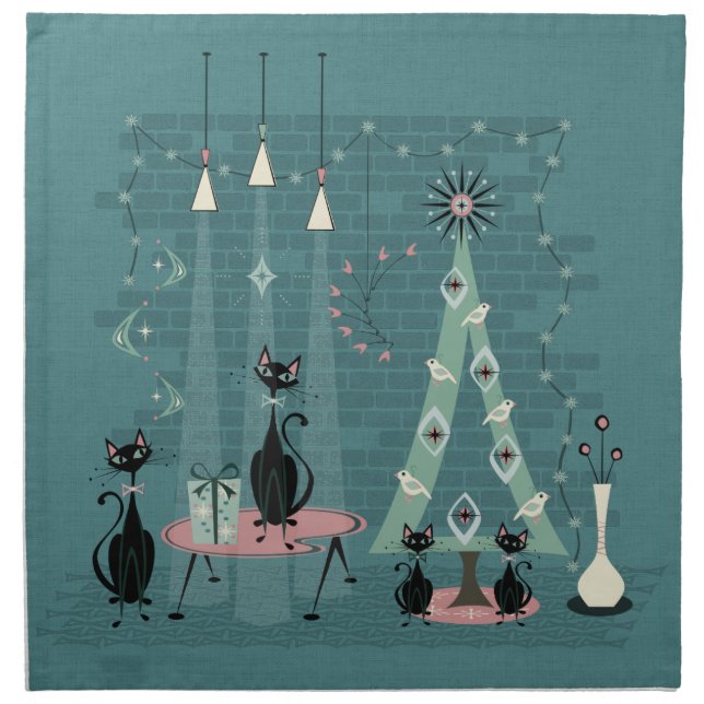 Mid Century Cat Family Holiday ©studioxtine Cloth Napkin (Front)