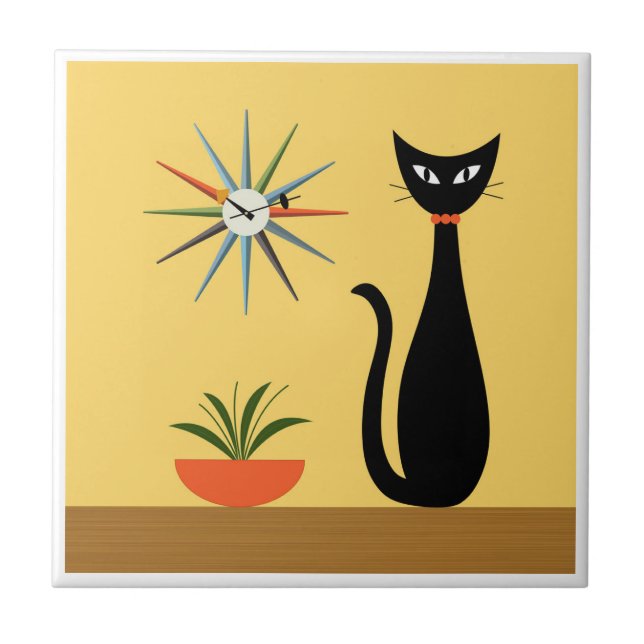 Mid Century Cat with Starburst Clock on Yellow Ceramic Tile (Front)