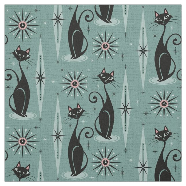 Mid Century Cats and Clock on Spearmint Fabric (Swatch)