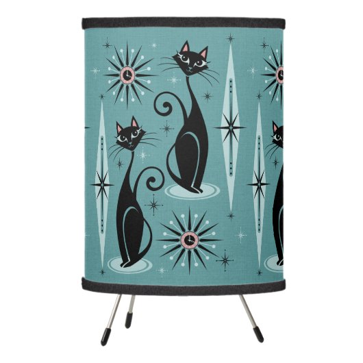Mid Century Cats and Clocks Large Scale on Blue Tripod Lamp (Left)