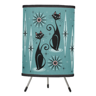 Mid Century Cats and Clocks Large Scale on Blue Tripod Lamp