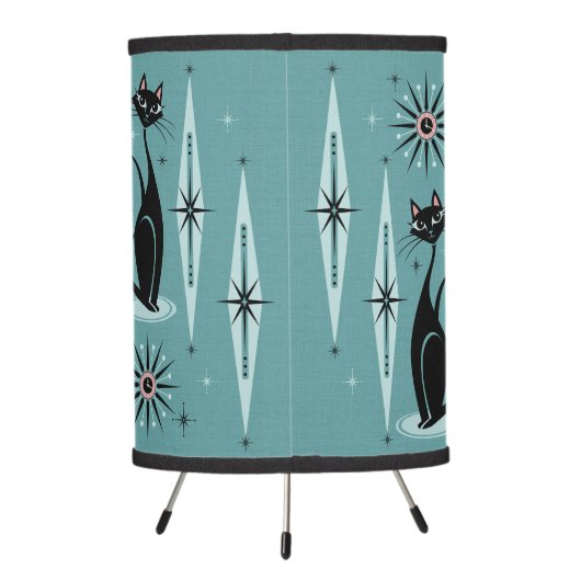 Mid Century Cats and Clocks Large Scale on Blue Tripod Lamp (Back)