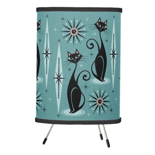 Mid Century Cats and Clocks Large Scale on Blue Tripod Lamp (Right)