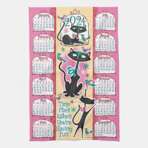Mid_Century Cats Calendar Kitchen Towel Pink