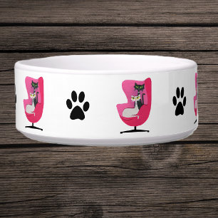 Mid Century Cats in Pink Chair Black Paw Prints Bowl