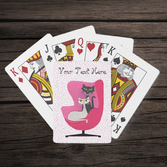 Mid Century Cats in Pink Chair on Pink Polka Dots Poker Cards (Two mid century cats in vintage pink chair on white with pink polka dots deck playing cards.)