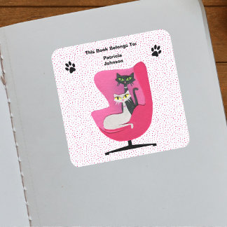 Mid Century Cats Pink Chair Paw Prints Polka Dots Square Sticker