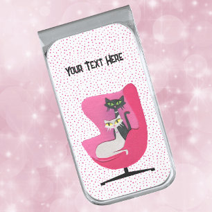 Mid Century Cats Sitting in Pink chair Polka Dots Silver Finish Money Clip