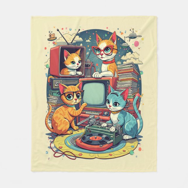 Mid Century Cats with Retro Records & TV Fleece Blanket (Front)