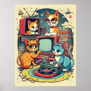 Mid Century Cats with Retro Records & TV Poster