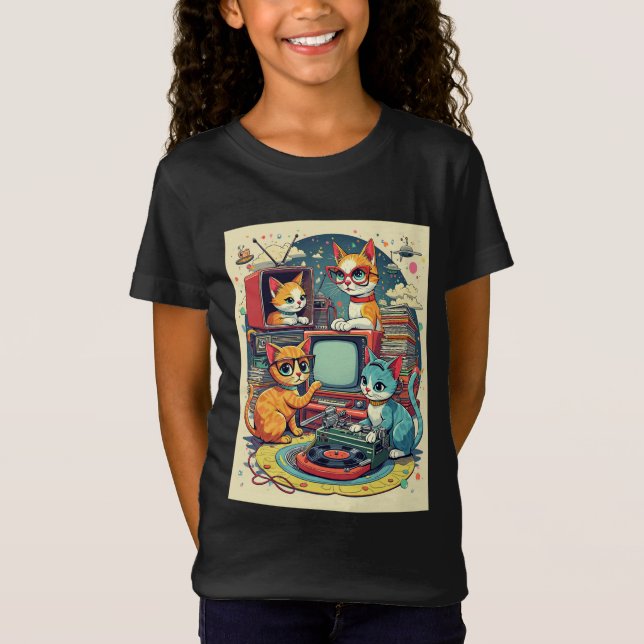 Mid Century Cats with Retro Records & TV T-Shirt (Front)