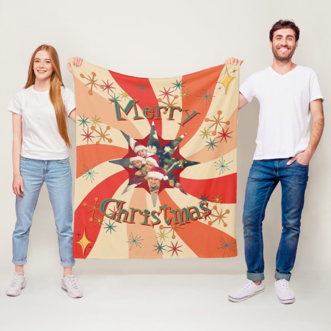 Mid Century Christmas Atomic Retro Wave Star Photo Fleece Blanket (In Situ)