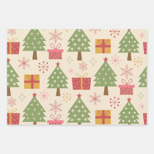 Mid Century Christmas Atomic Trees with Snowflakes Wrapping Paper Sheets