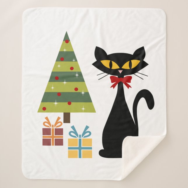 Mid Century Christmas cat Sherpa Blanket (Front)