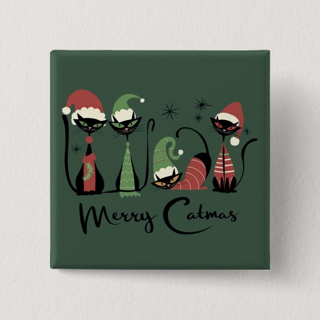 Mid Century Christmas Cats Atomic 50s Style Button (Front)