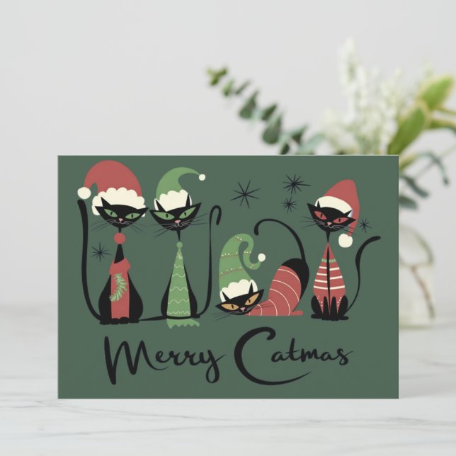Mid Century Christmas Cats Atomic 50s Style Holiday Card (Standing Front)