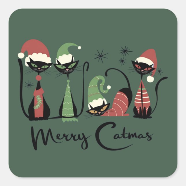 Mid Century Christmas Cats Atomic 50s Style Square Sticker (Front)