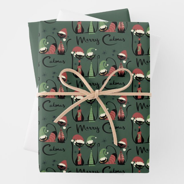 Mid Century Christmas Cats Atomic 50s Style Wrapping Paper Sheets (In situ)