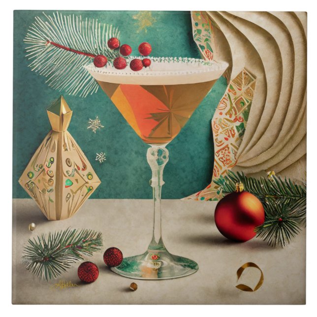 Mid Century Christmas Cocktail Party Happy Hour Ceramic Tile (Front)