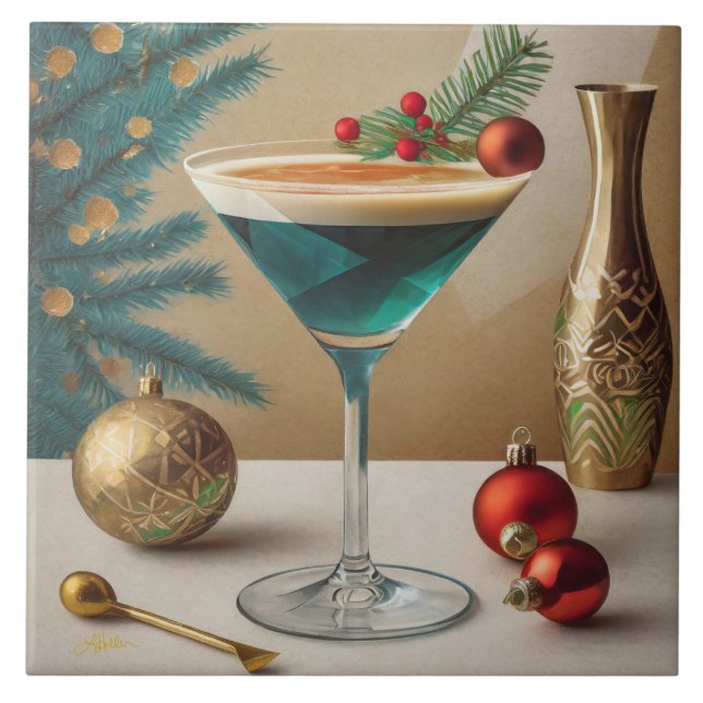 Mid Century Christmas Cocktail Party Happy Hour Ceramic Tile (Front)