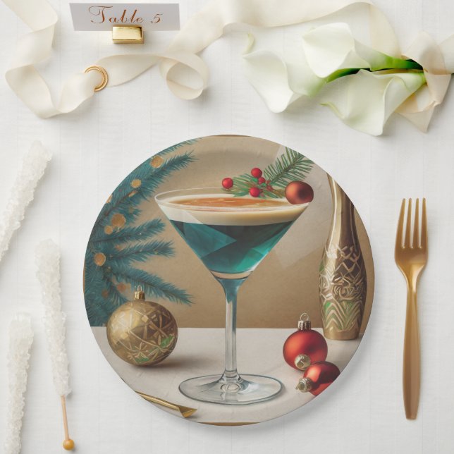 Mid Century Christmas Cocktail Party Happy Hour Paper Plates (Wedding)