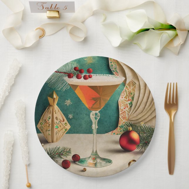 Mid Century Christmas Cocktail Party Happy Hour Paper Plates (Wedding)