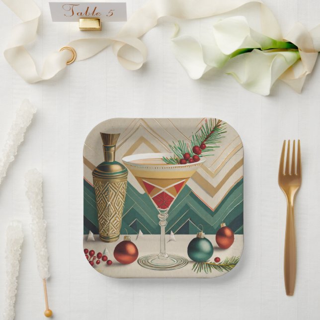 Mid Century Christmas Cocktail Party Happy Hour Paper Plates (Wedding)