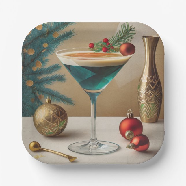 Mid Century Christmas Cocktail Party Happy Hour Paper Plates (Front)