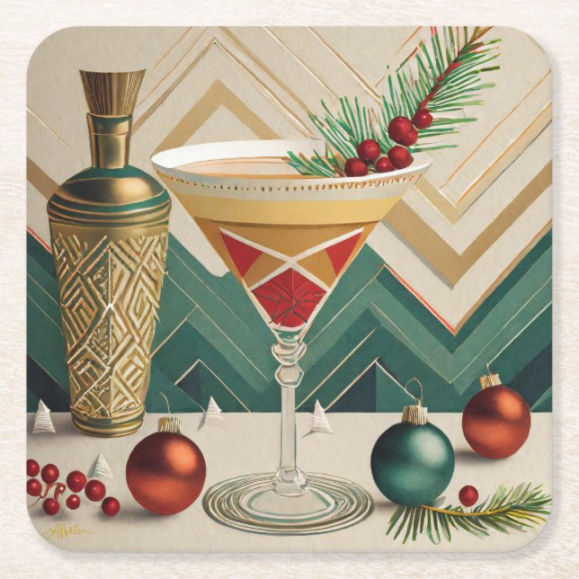 Mid Century Christmas Cocktail Party Happy Hour Square Paper Coaster (Front)