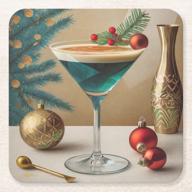 Mid Century Christmas Cocktail Party Happy Hour Square Paper Coaster (Front)